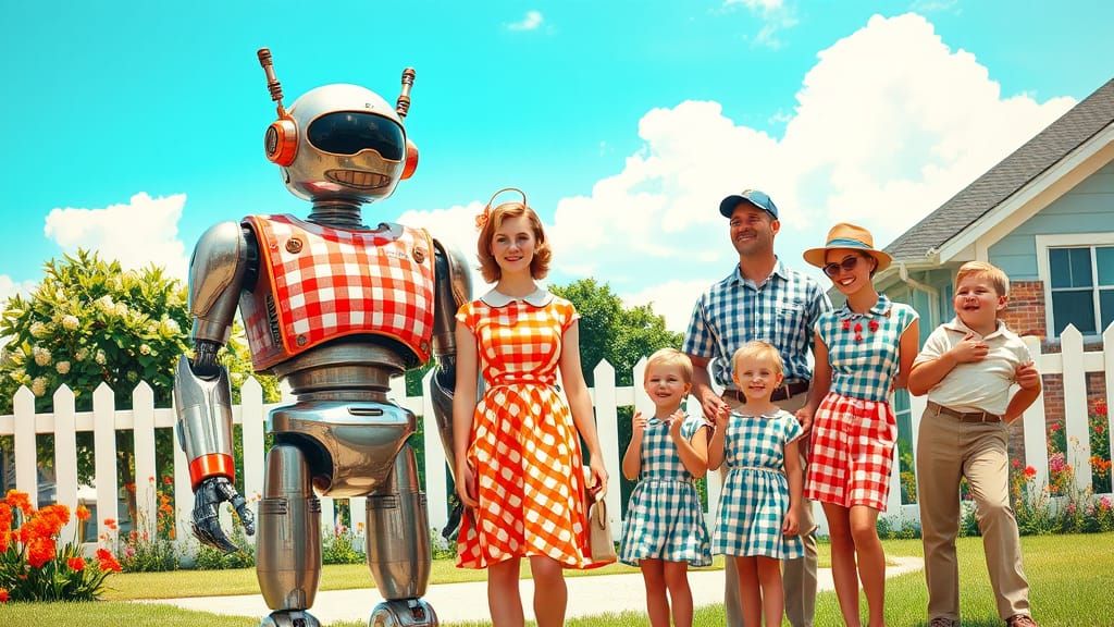 Retro-Futuristic Robot Meets Suburban Family in Vibrant Ging...