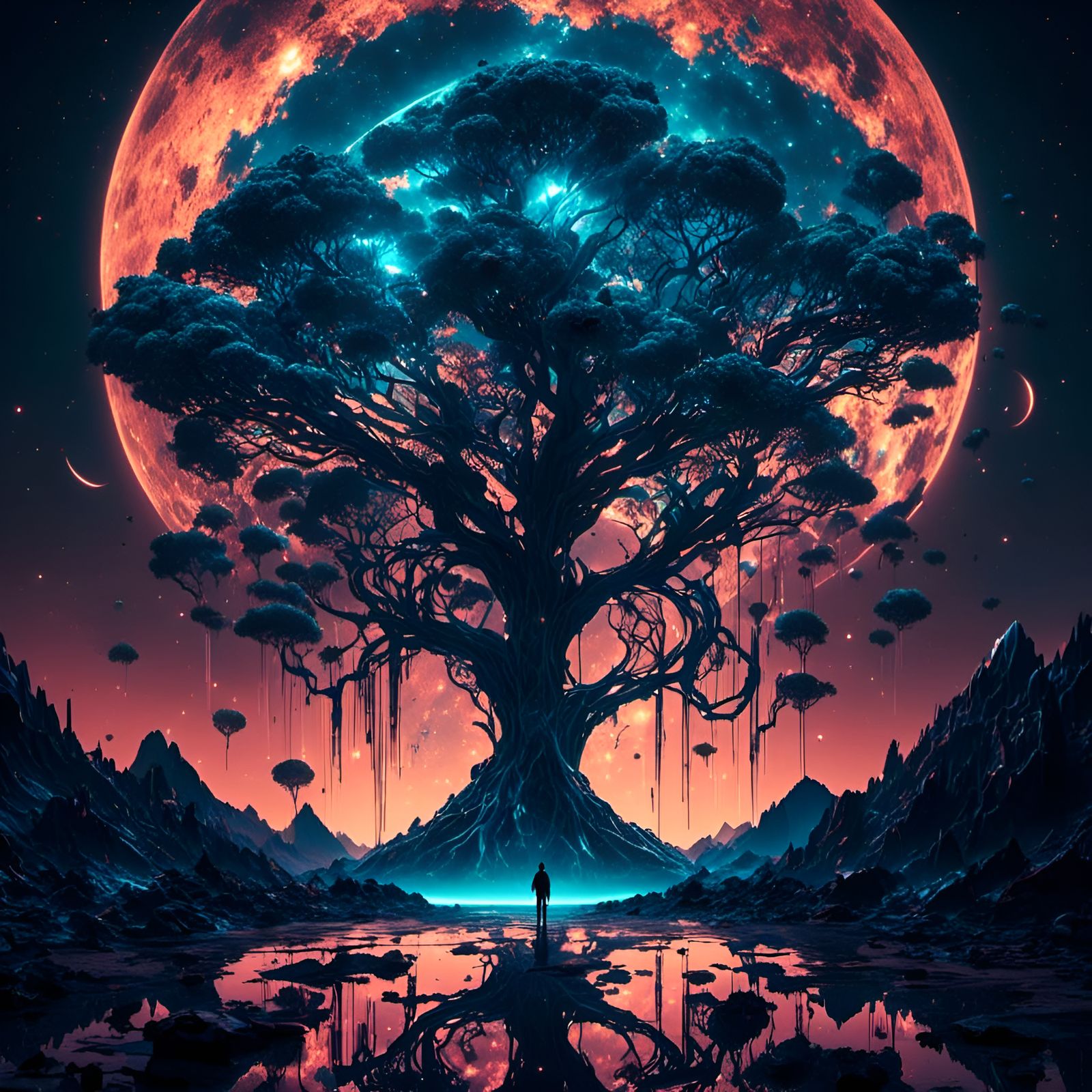 Neon Cyber Tree in Wasteland Landscape