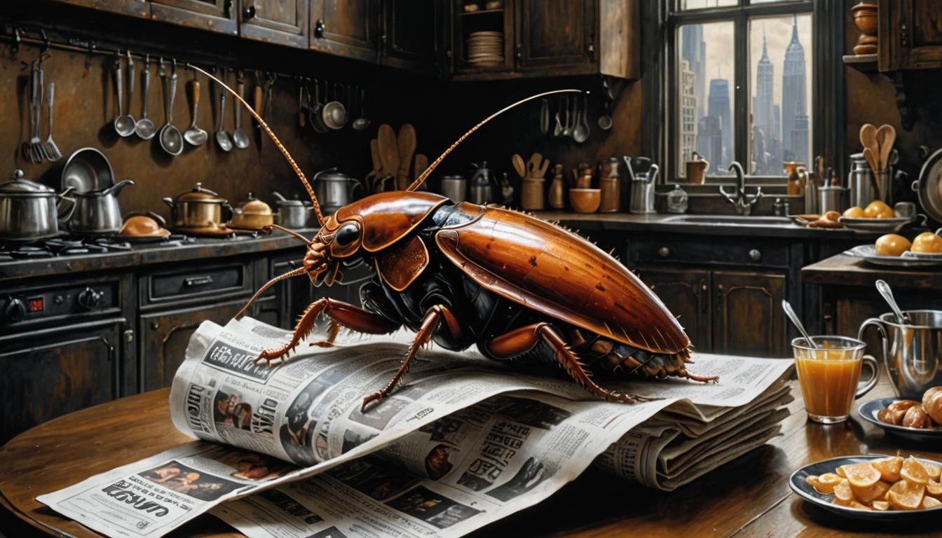 Giant Cockroach Reads Newspaper in Dark Kitchen