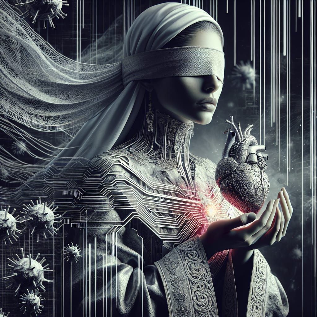 Cyborg Woman Holding Heart in Digital Matte Painting