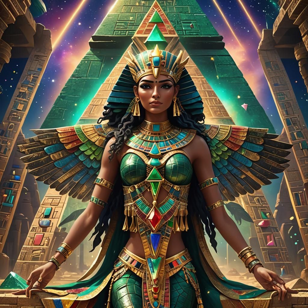 Egyptian Winged Goddess with Emerald Pyramid, Fantasy Art