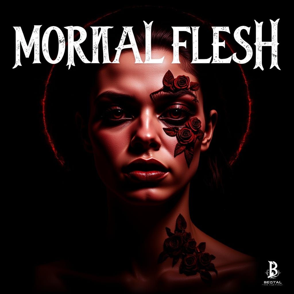 Surreal Face with Roses and Gothic Text