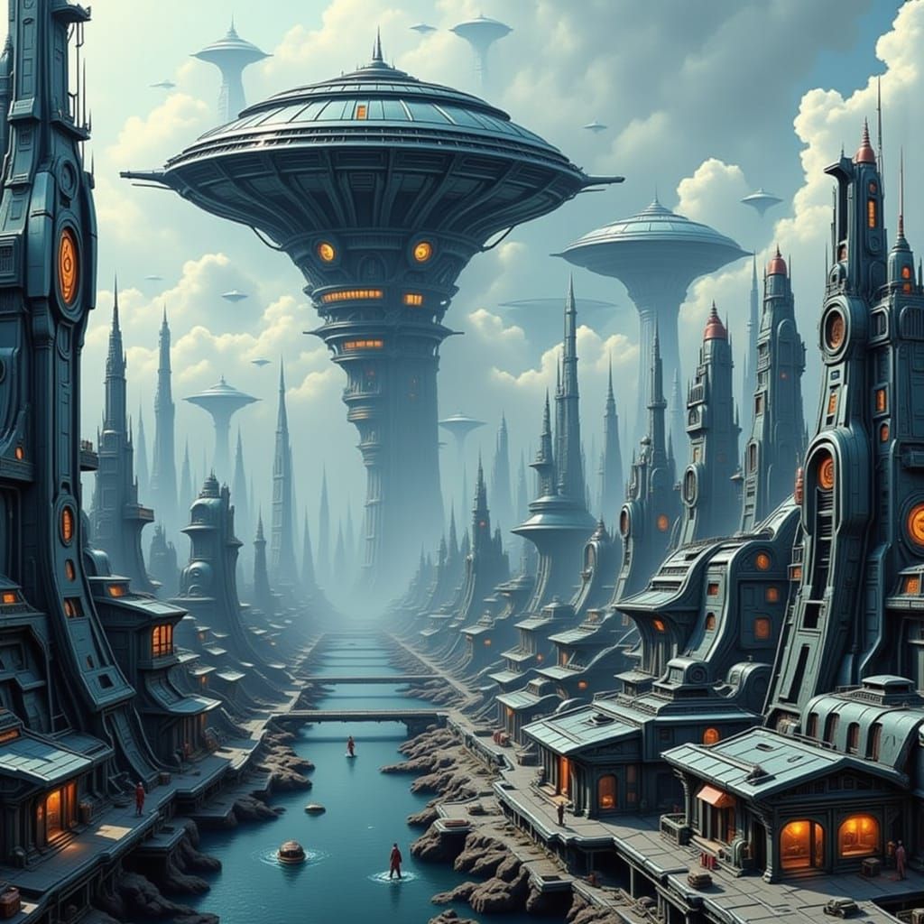Hyperdetailed Futuristic Sci-Fi Floating Cityscape