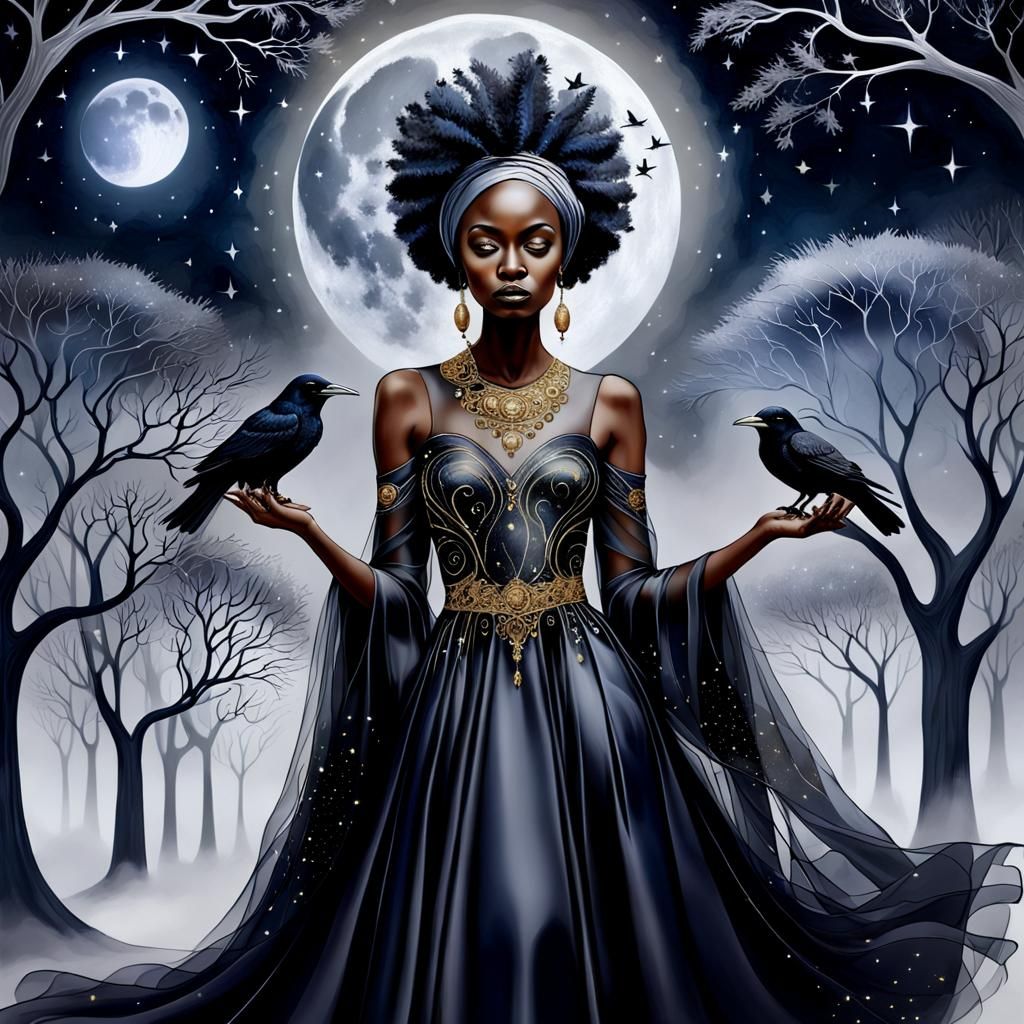 African Queen with Raven in Surreal Moonlight