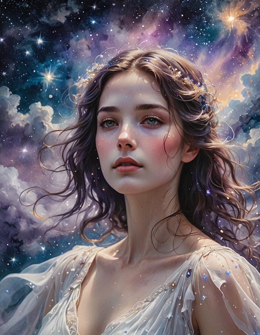 Surreal Dream Art: Woman Floating Among Stars