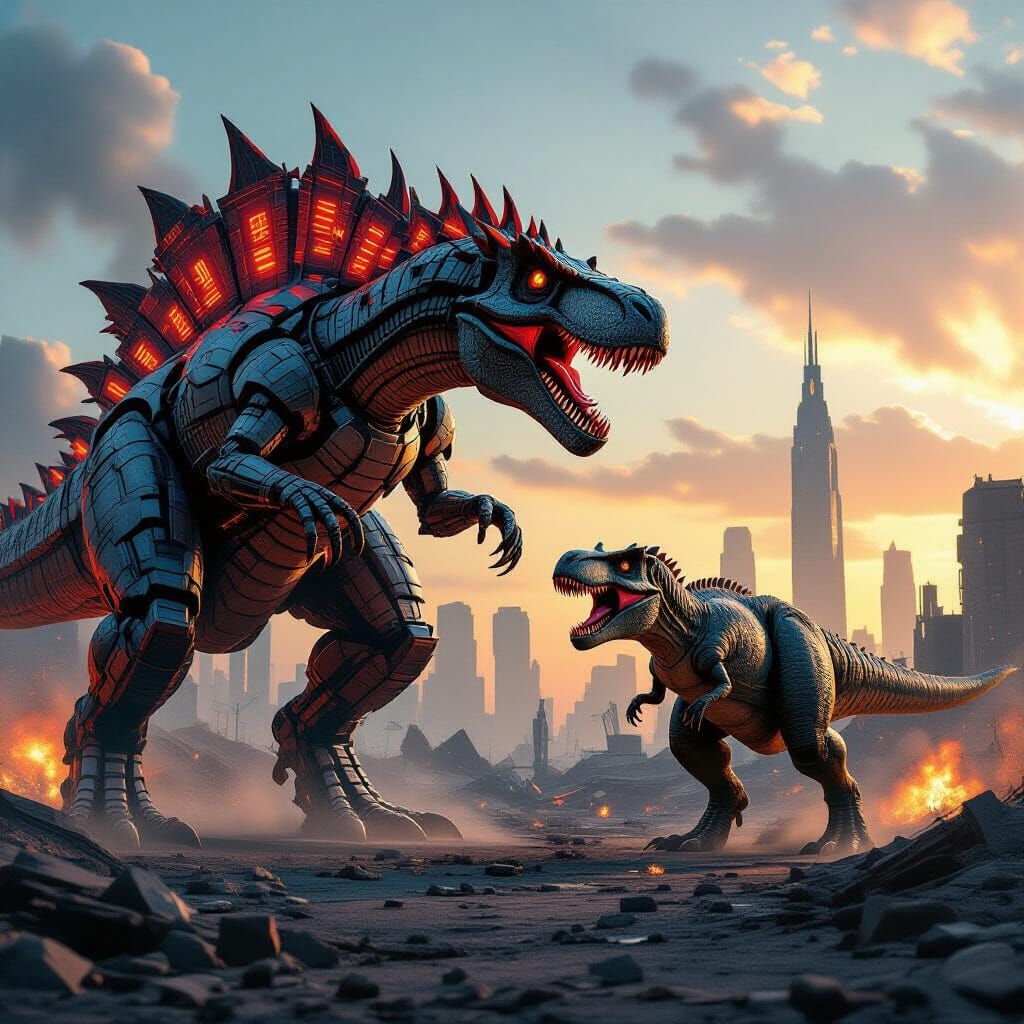 Robotic Spinosaurus vs T-Rex in Dystopian Battlefield