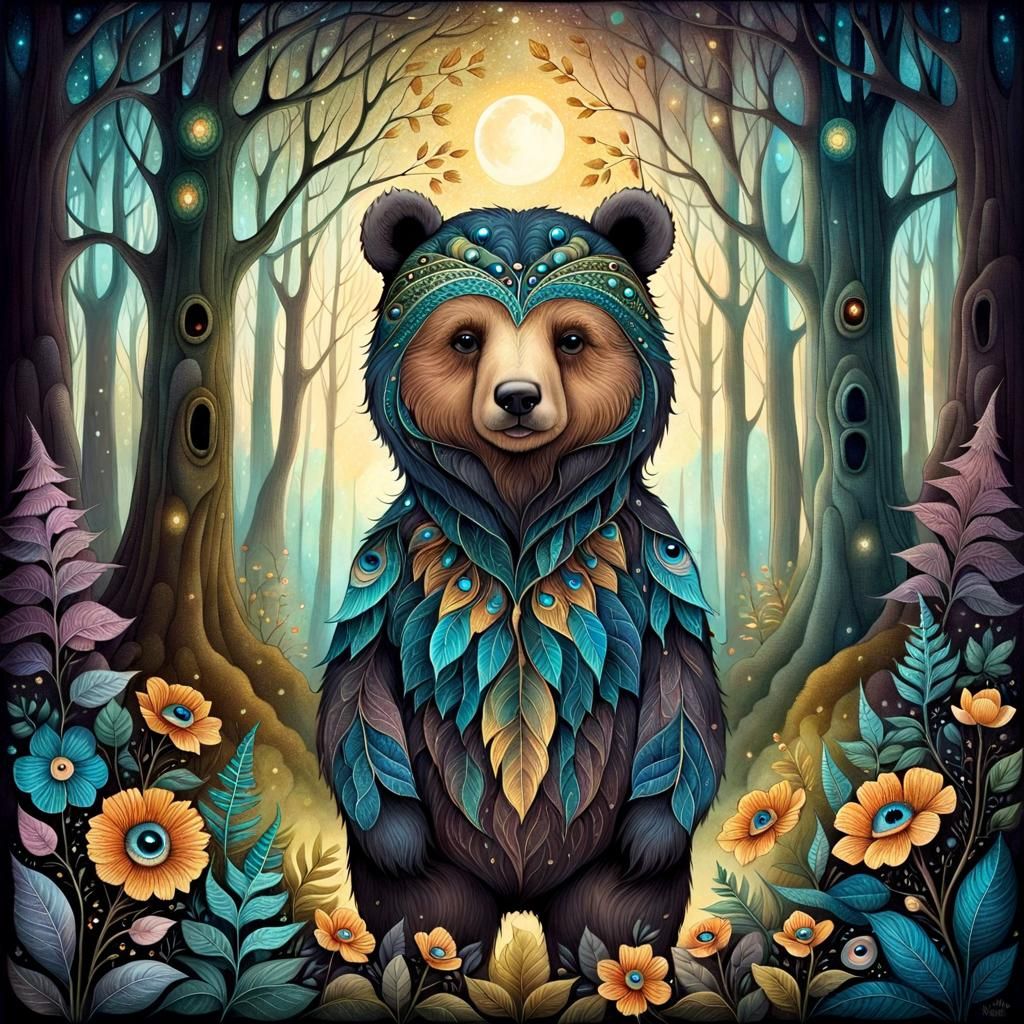 Old Bear in Enchanted Forest: Dreamlike Drawing
