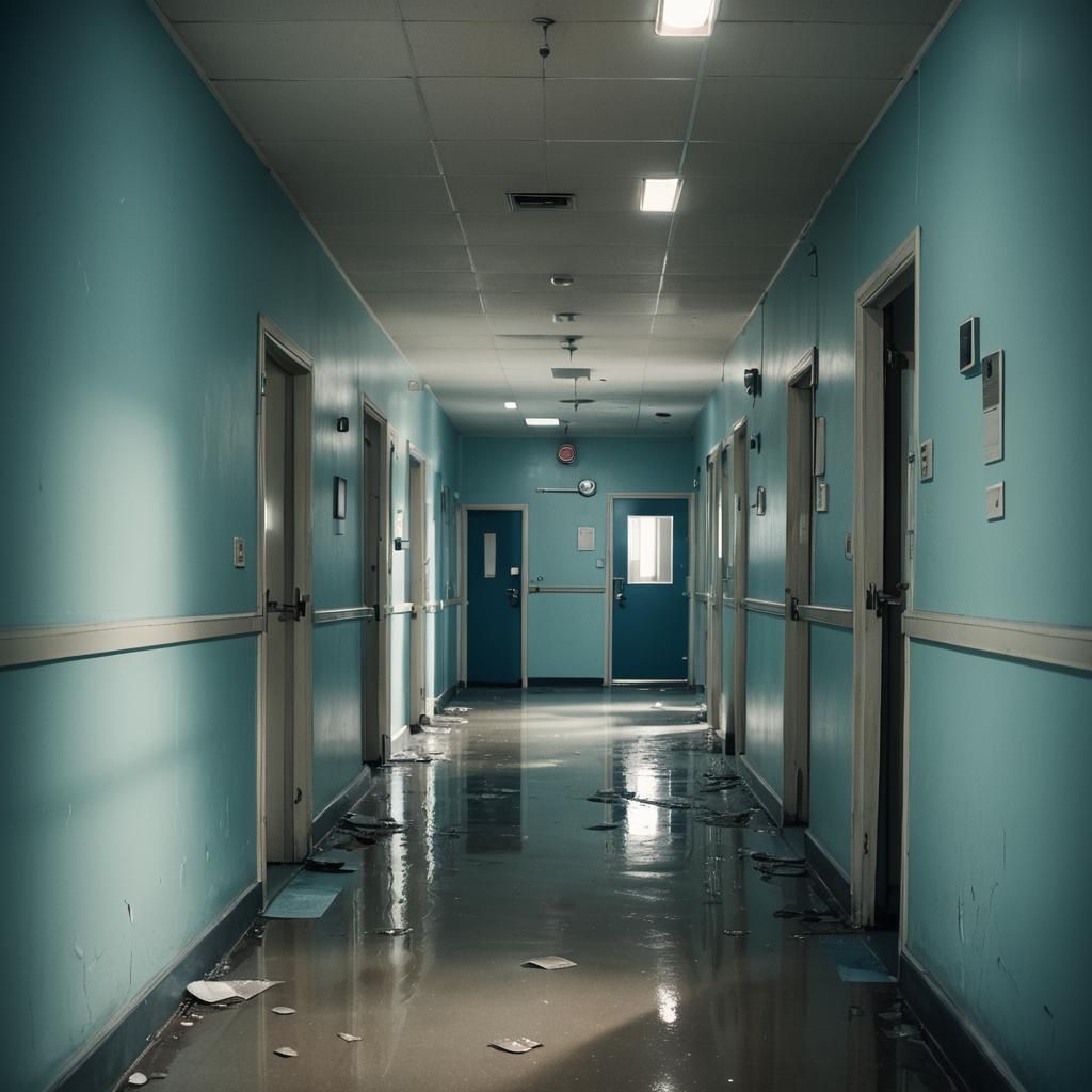 Eerie, Surreal Hospital Corridor in Psychological Horror Sty...