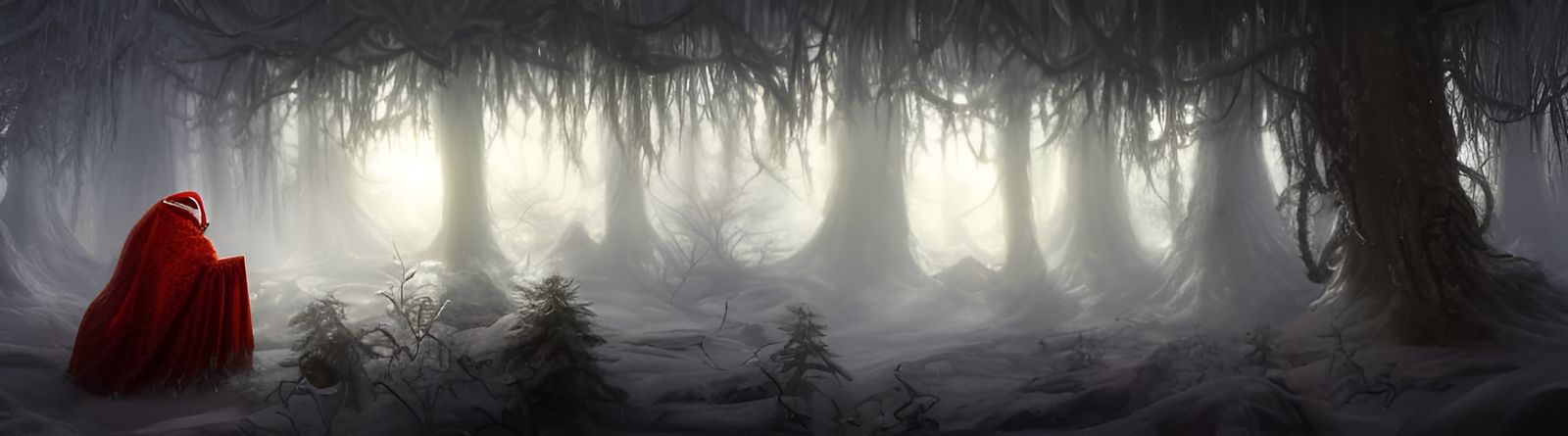 Lovecraftian Winter Forest Landscape with Santa