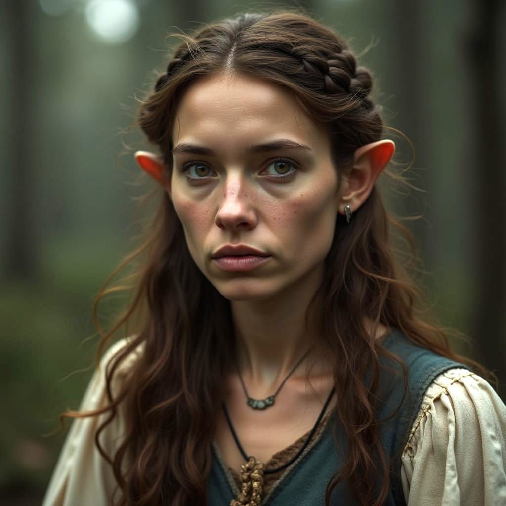 Medieval Woman with Long Brown Hair and Pointed Ears in Cine...