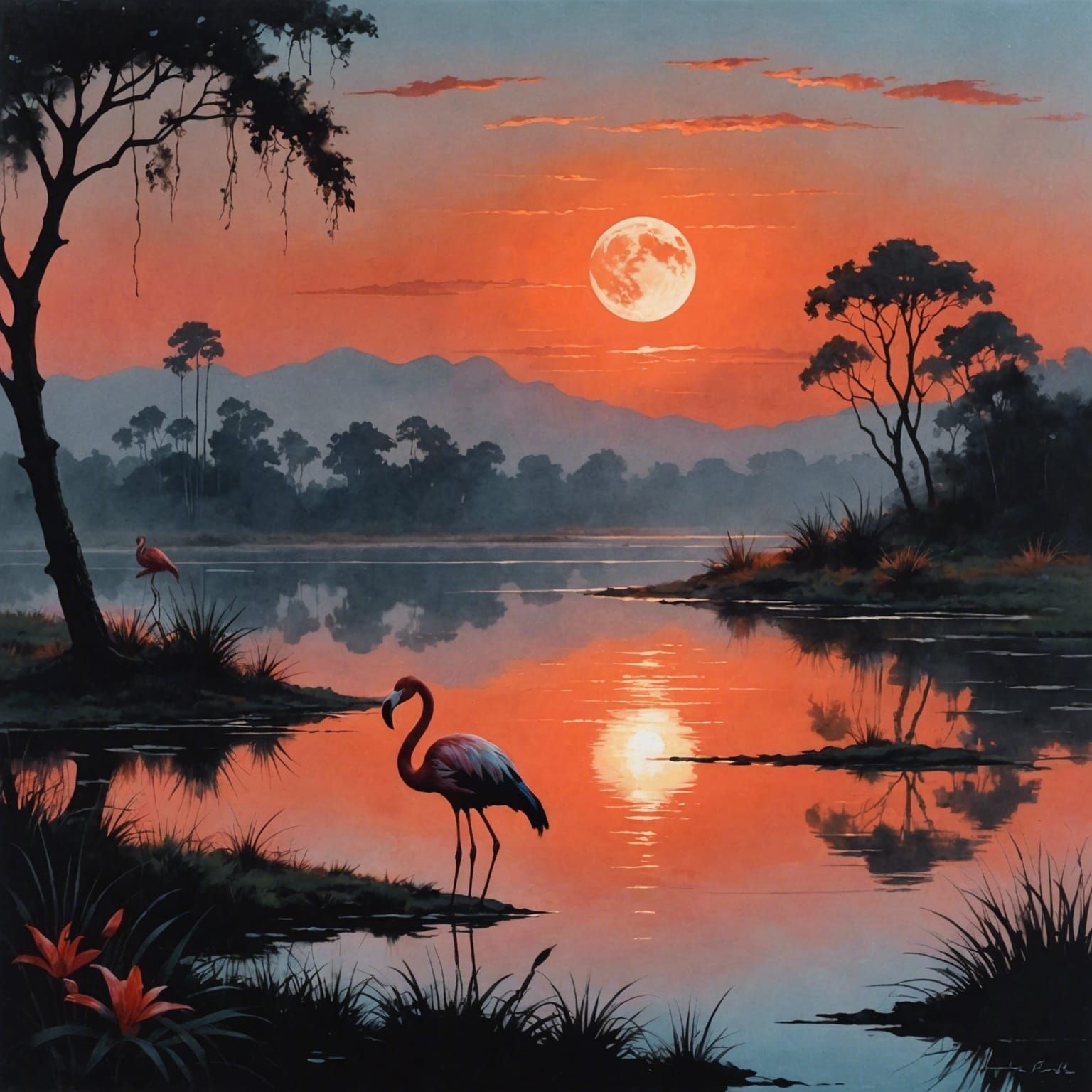 Flamingo Silhouette Under Moon in Gouache and Ink