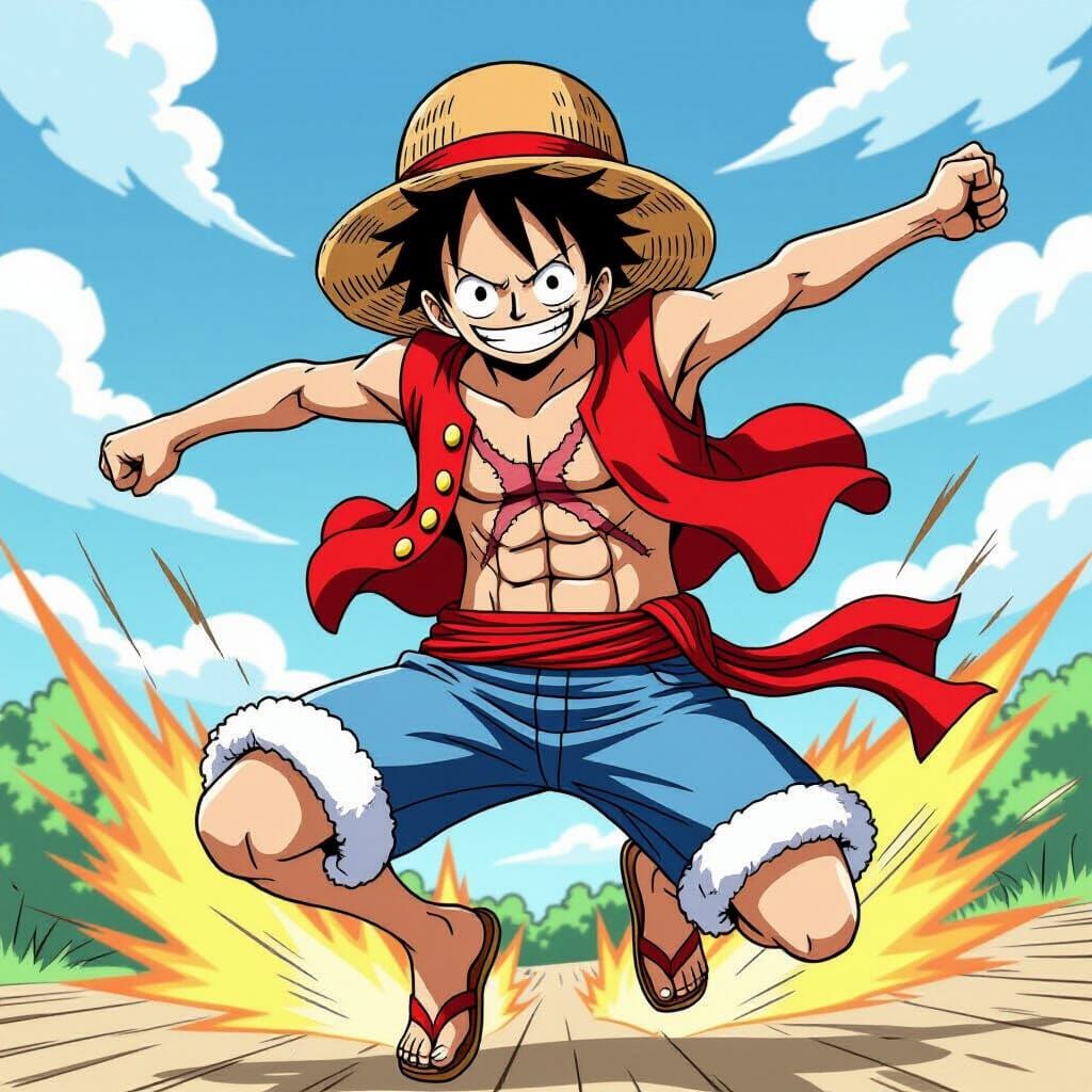 Monkey D. Luffy Dynamic Jump and Kick in Vibrant Anime Style