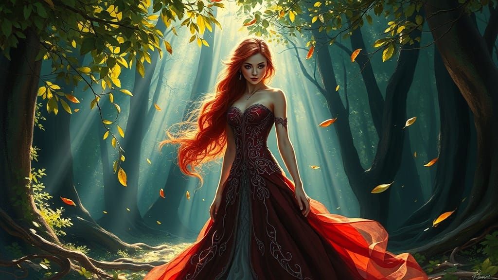 Red-Haired Elf in Ornate Gown in Mystical Forest