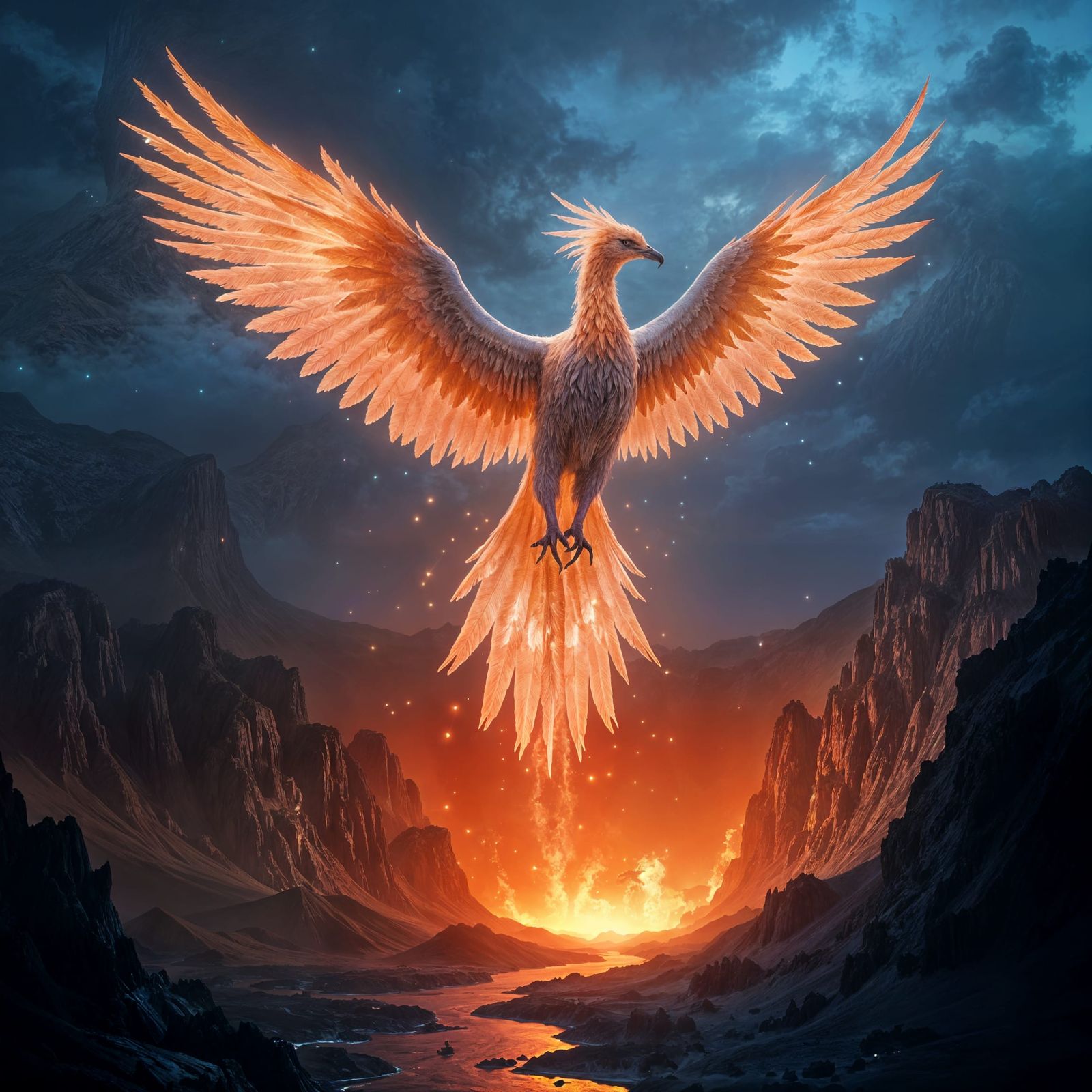 Bioluminescent Phoenix Ascending from Volcano in Ethereal Fa...