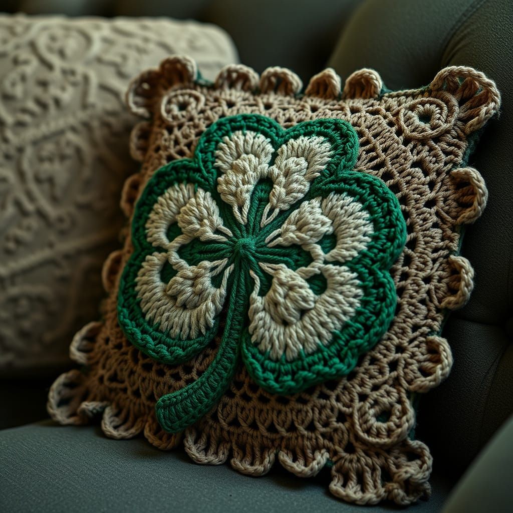 Hyperrealistic Crochet Shamrock Pillow