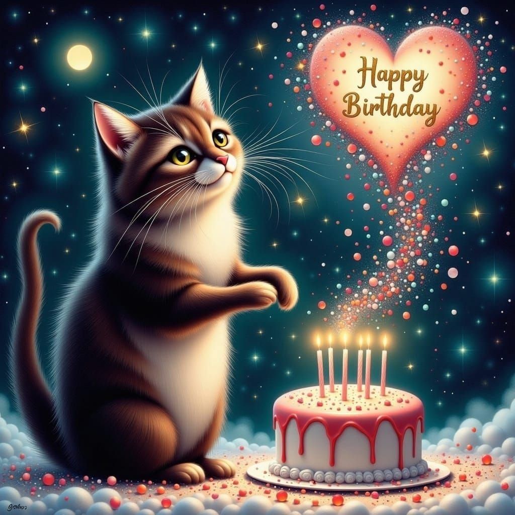 <lora:White Fantasy:1.0>dark brown tabby long-haired cat blows confetti out of its paws, a heart with a birthday cake fo...