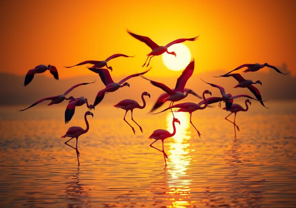 Flamingos in Flight: A Surreal Sunset Tableau