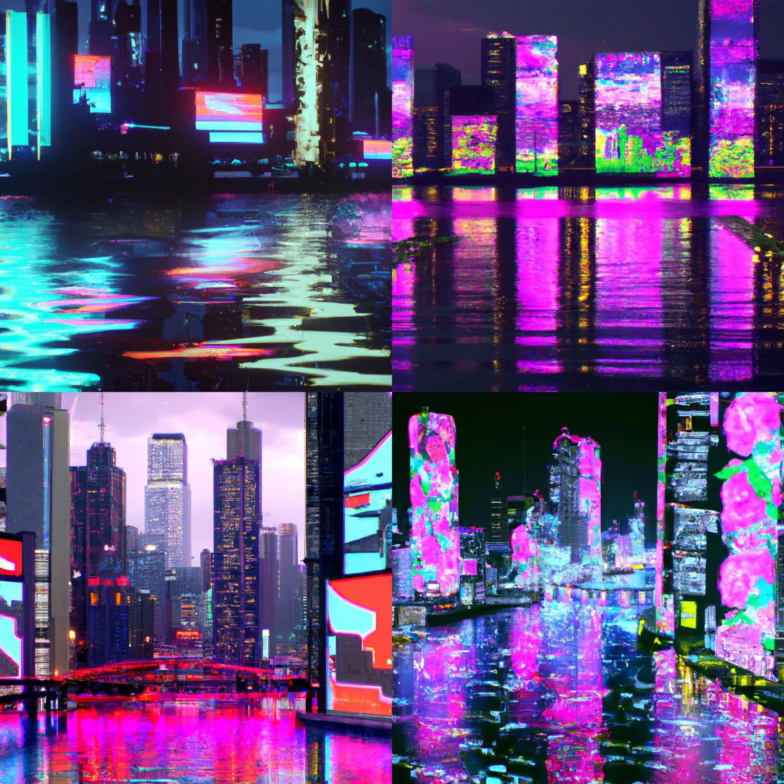 Electric City: Neon Lights Reflect on Shimmering River
