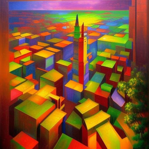 Neon Squares in Abstract Cubism Style