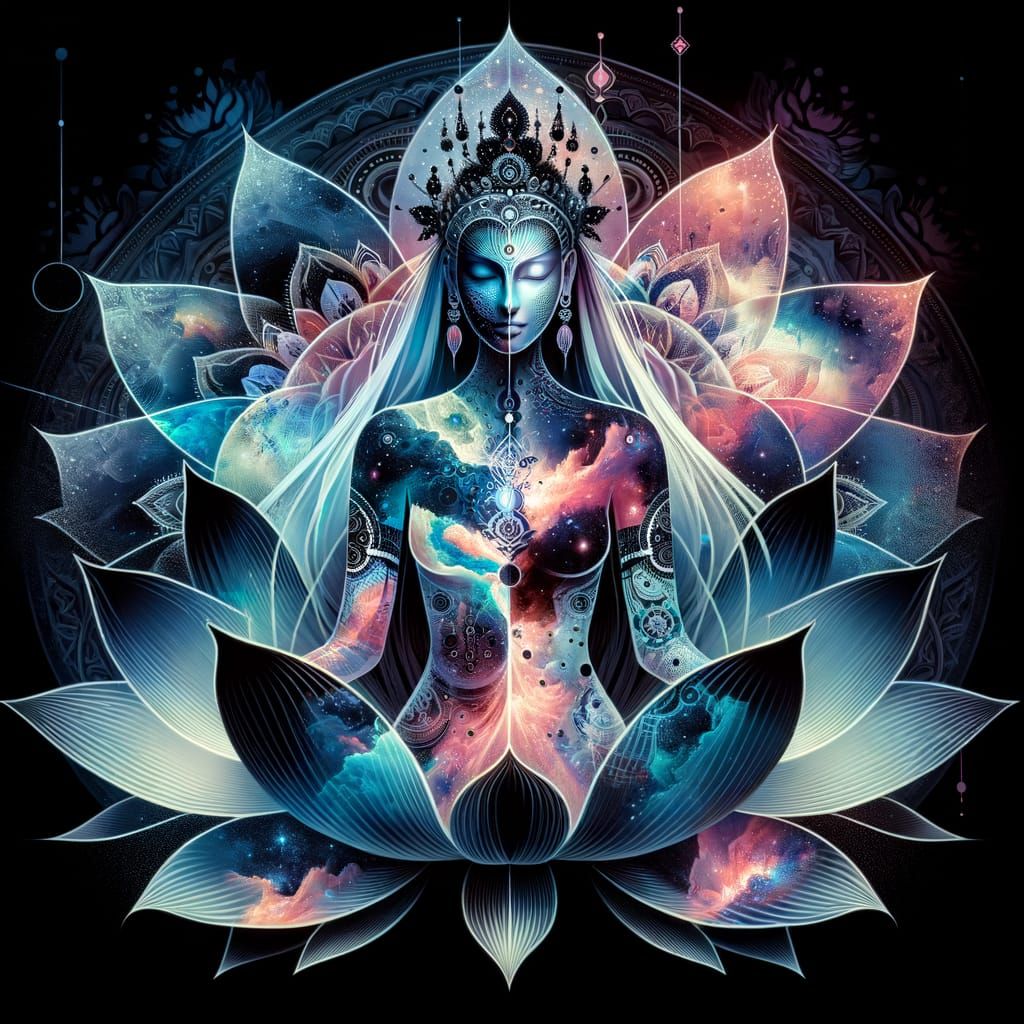 Goddess Inlaid with Black Lotus Blossoms in Double Exposure