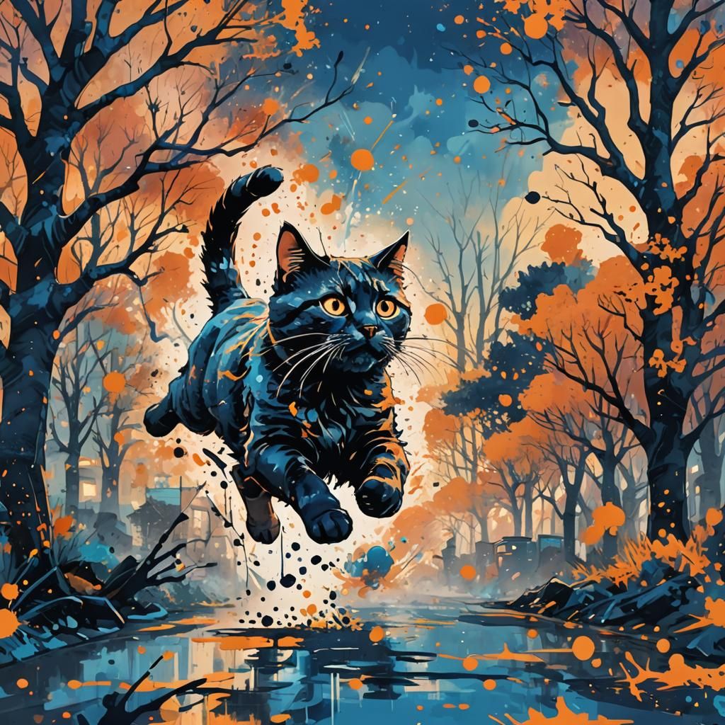 Cat Leaping Through Ink Splatter Townscape