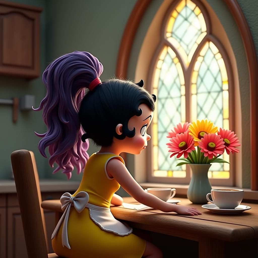 Betty Boop with Purple Hair Having Breakfast