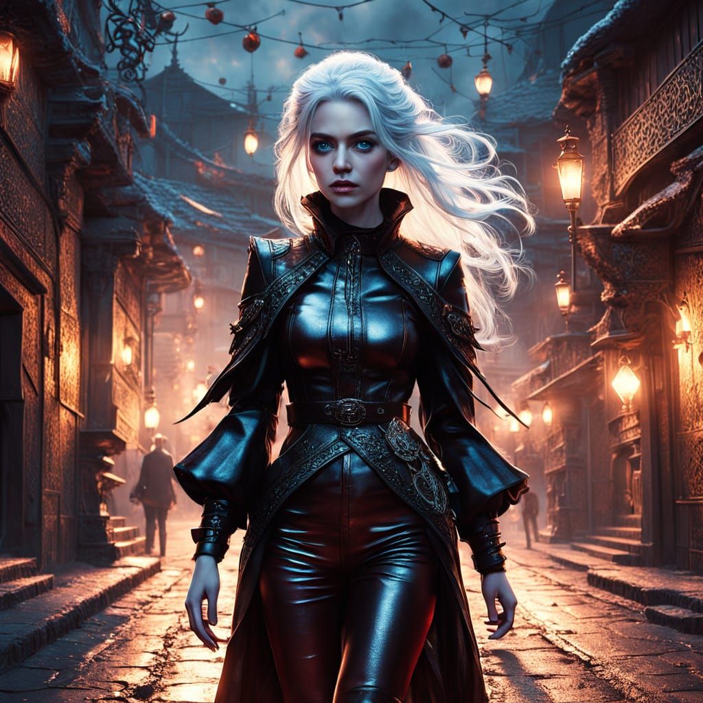 Woman in Leather Roams Spooky Twilight Town