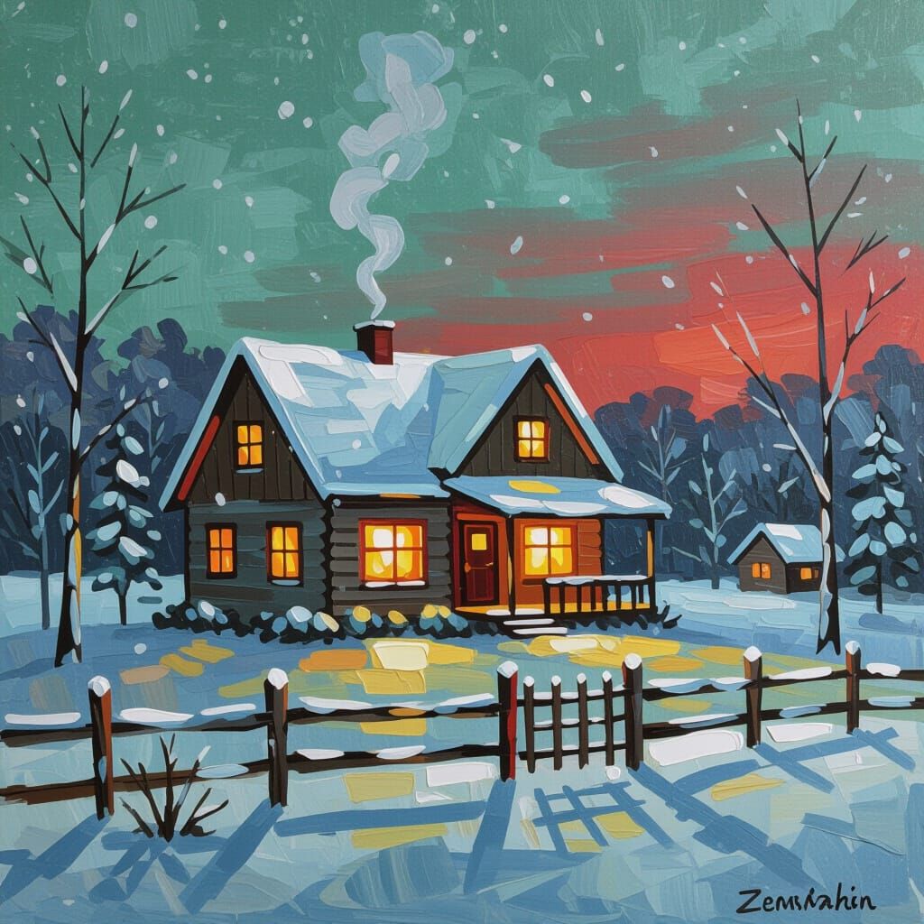 Cozy Cabin in Snowy Landscape Impressionist Painting
