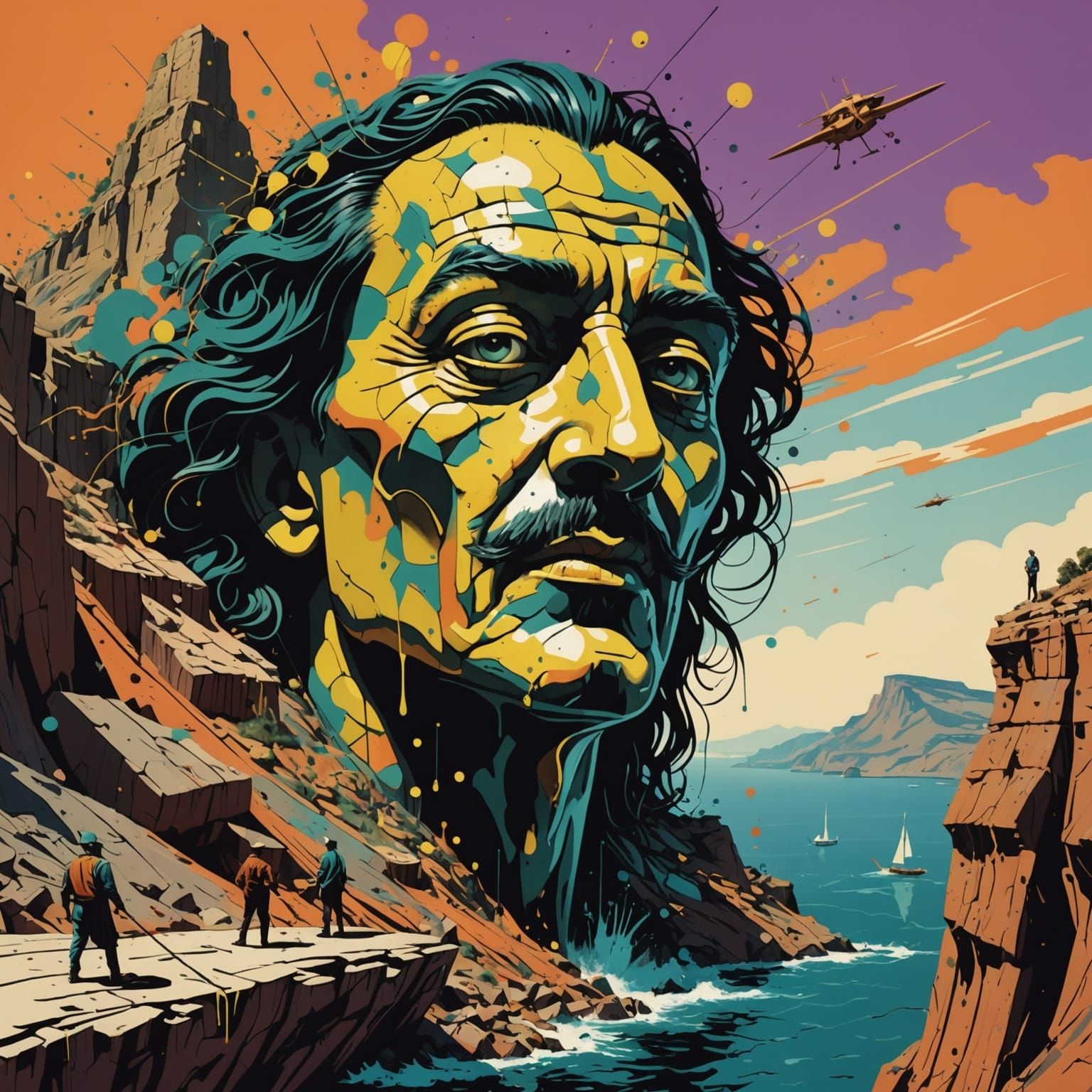 In the style of Dali meets Michelangelo splatter the matter of tartarian metro-glyphs depicts a face emergent on a cliff...