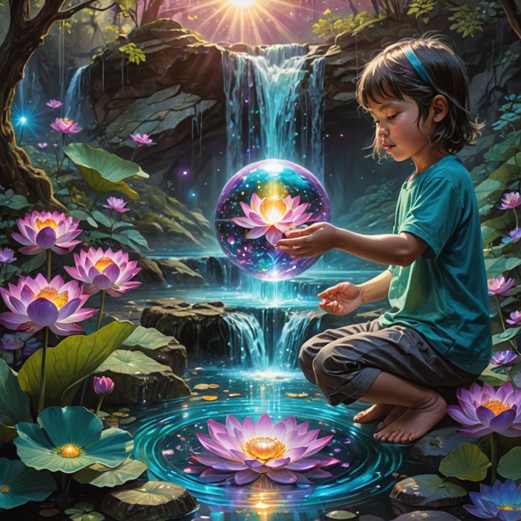 Child and Mystical Element with Flowing Water