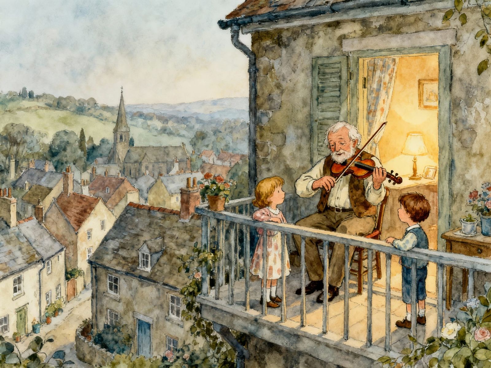 Grandfather Violin Serenade to Grandchildren on Balcony