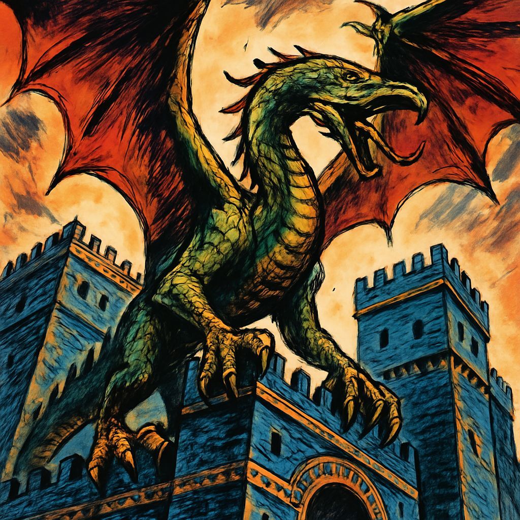 Mythical Dragon Landing in Babylon: Comic Book Style