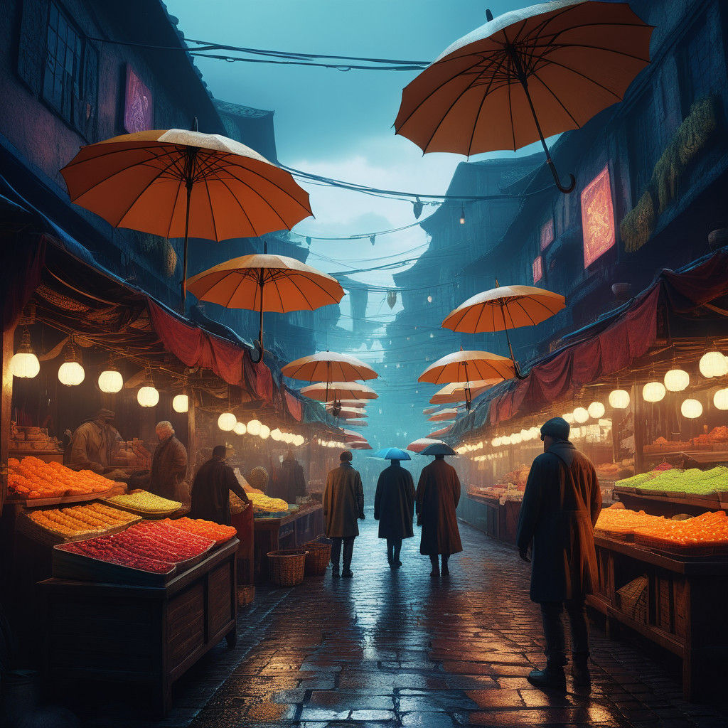 Vibrant Fantasy Market Scene with Neon Umbrellas