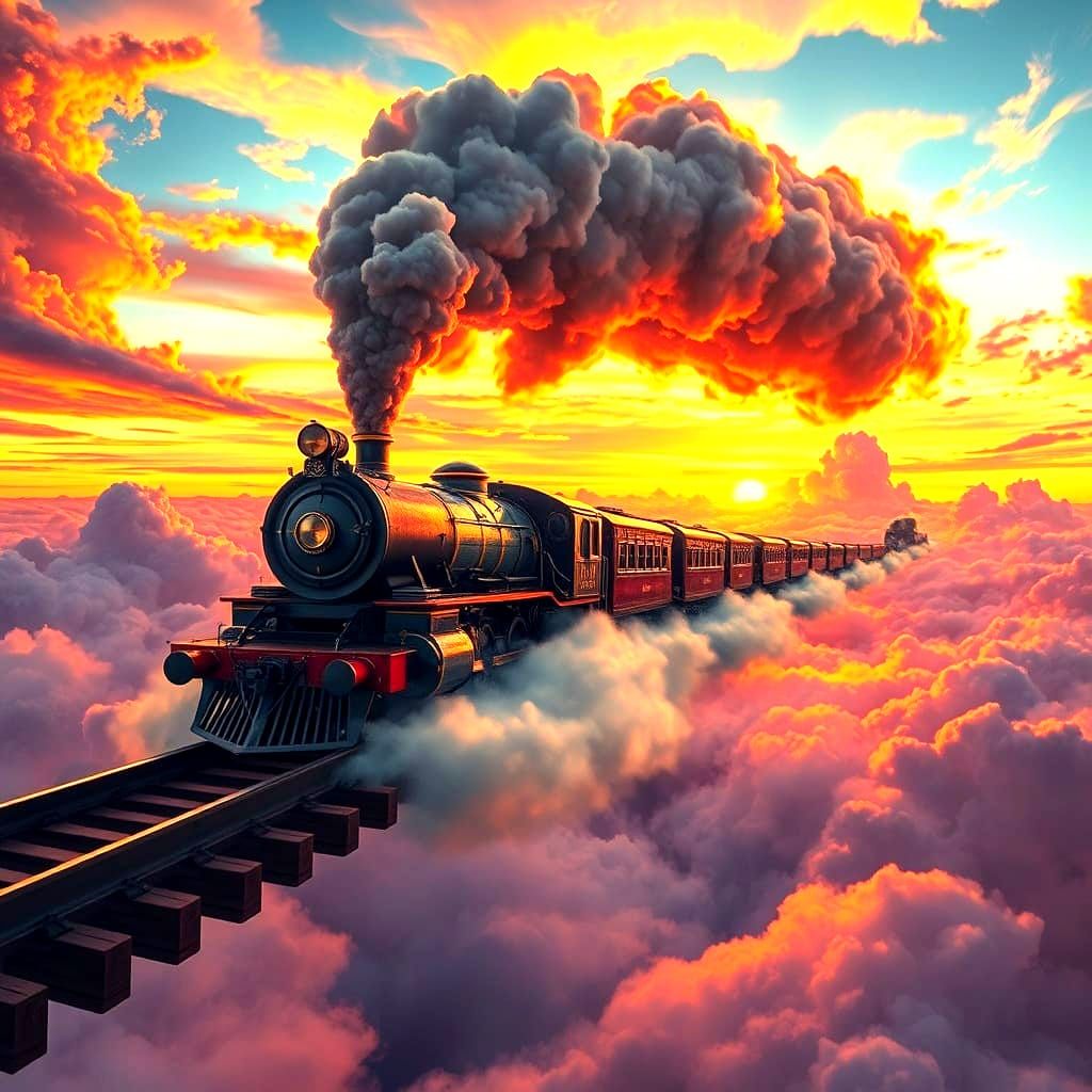 Majestic Steam Train in Sunset Clouds - Hyperrealistic Paint...