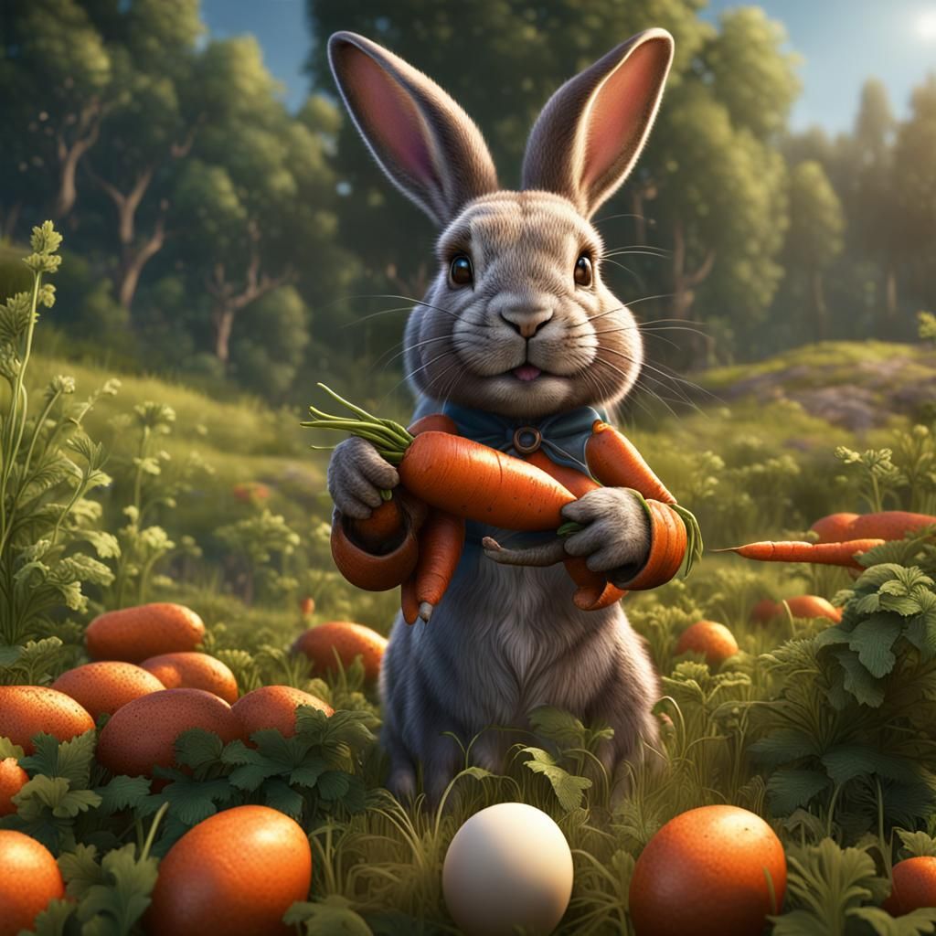 Realistic Bunny in Meadow with Carrots and Eggs