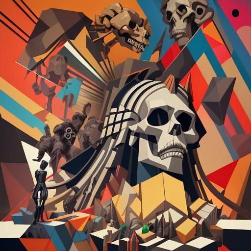 Cubist Skull Pile in Geometric Fauvism Style