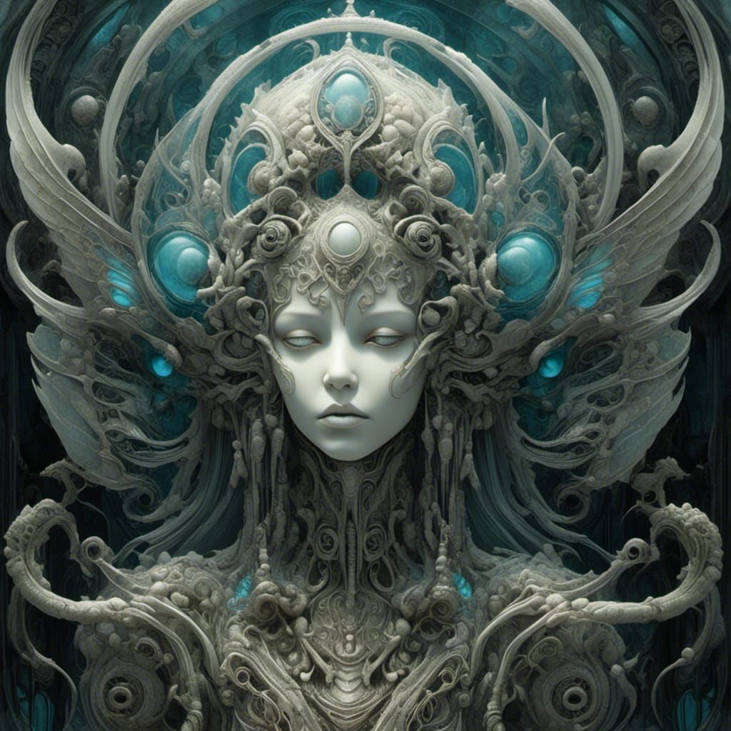 angelic glass constructs, unji ito style, h.r. giger influenced. inverted color palette, full color with azure and ebony...