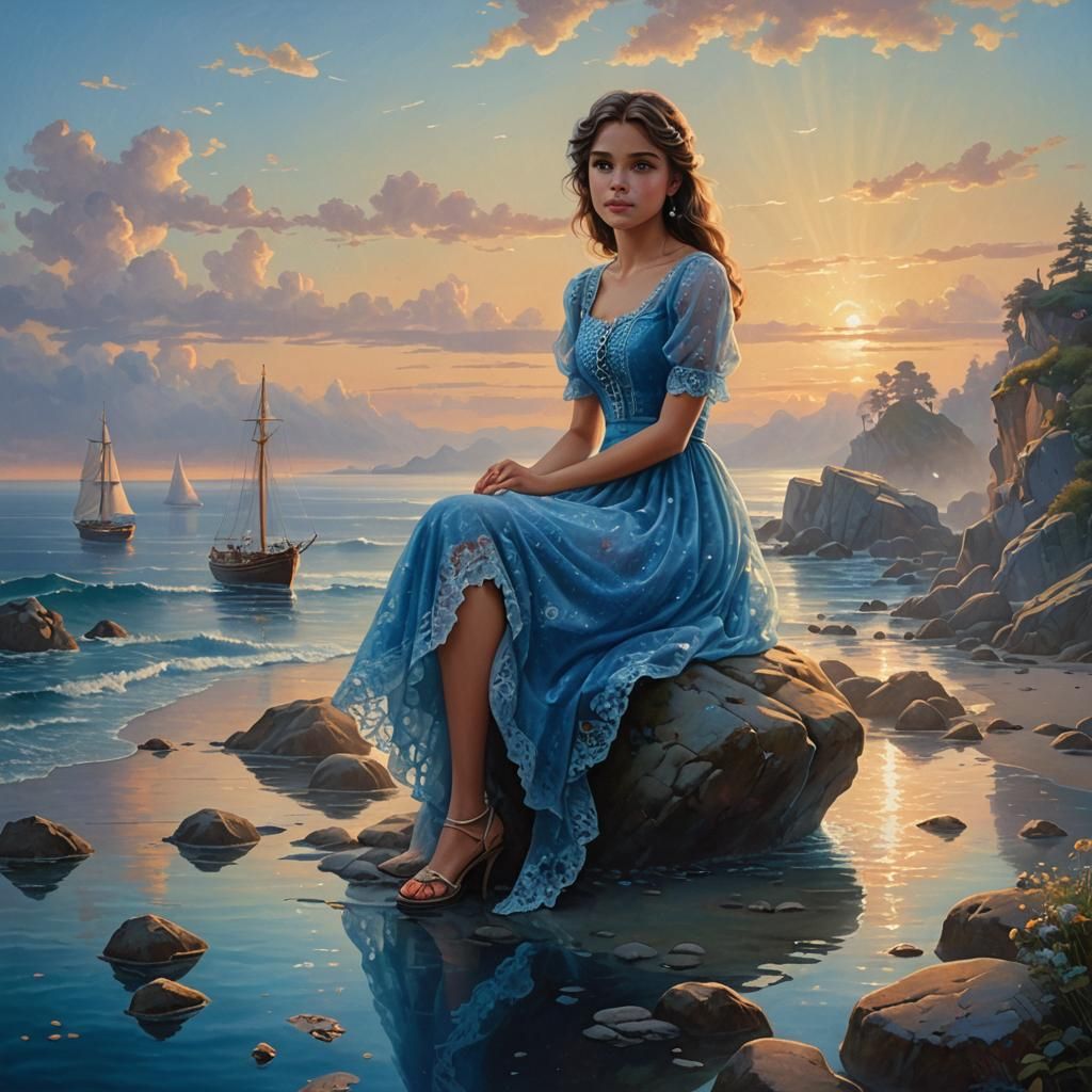 Ethereal Blue Fantasy: Girl on Shore at Sunset