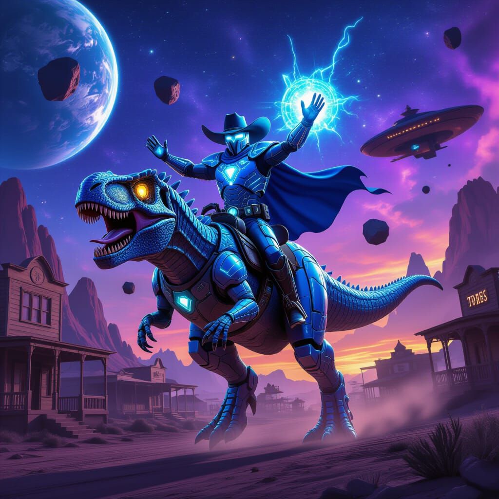Cybernetic T-Rex Rider Conjures Cosmic Energy in Space Weste...
