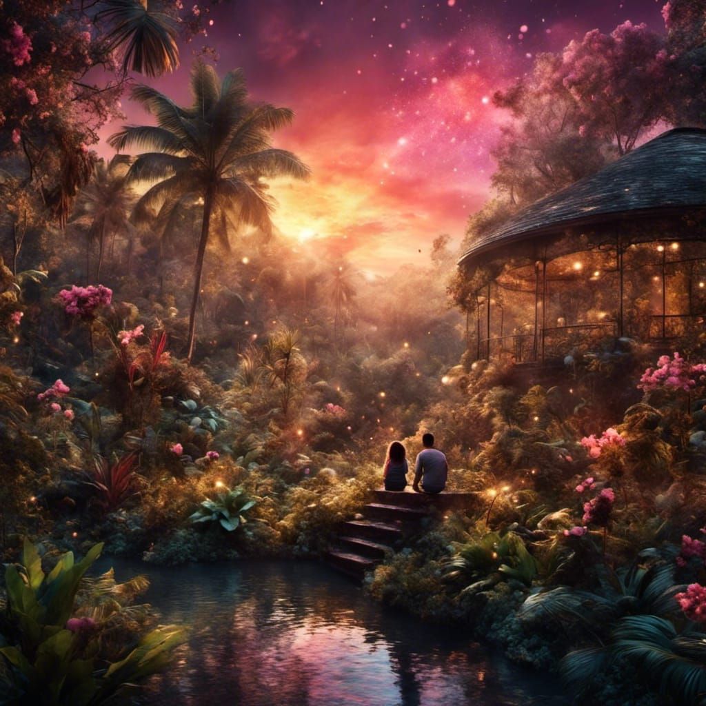 Sparkling Sunset Over Tropical Garden Scene