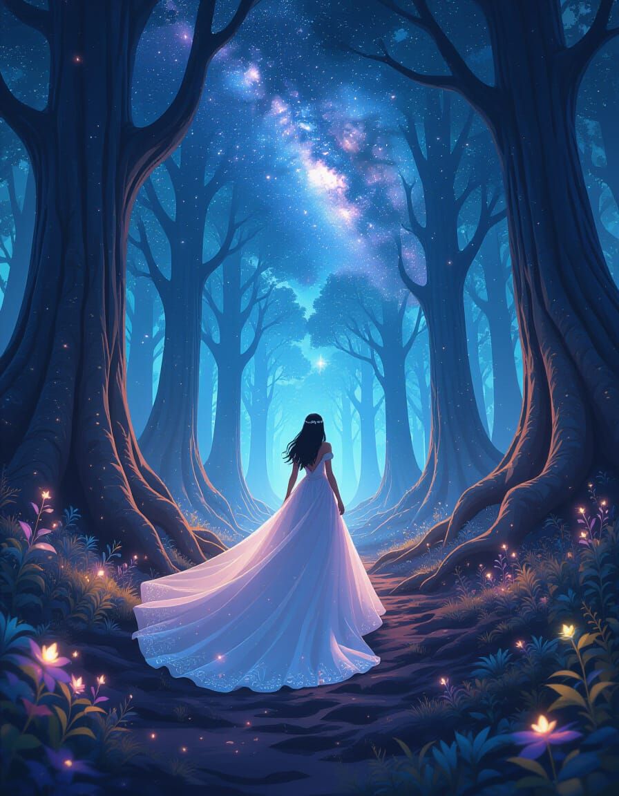 Queen in Enchanted Forest Under Starry Sky