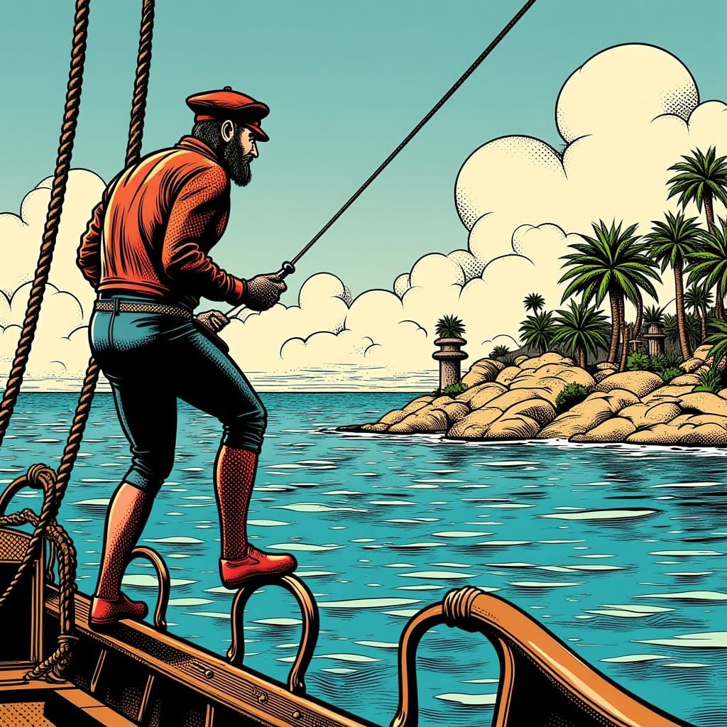 Explorer Approaching Siren Island in 1950s Comic Style