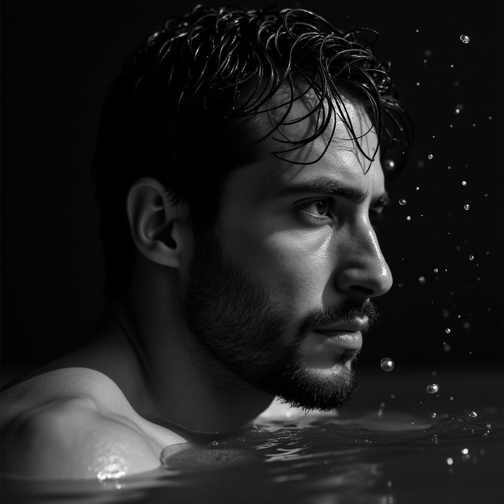 Monochrome Portrait of Man Emerging from Water