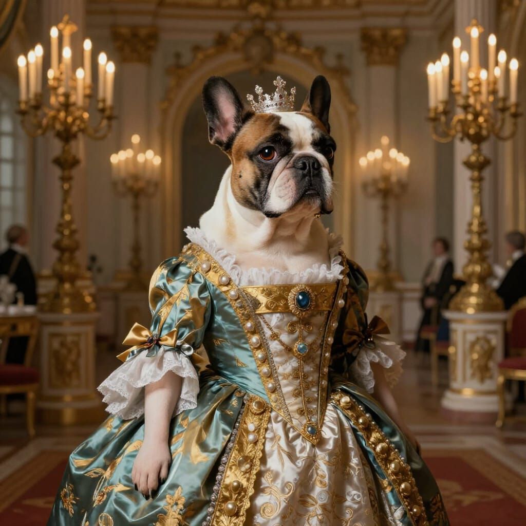 Regal French Bulldog Queen in Rococo Oil Painting Style