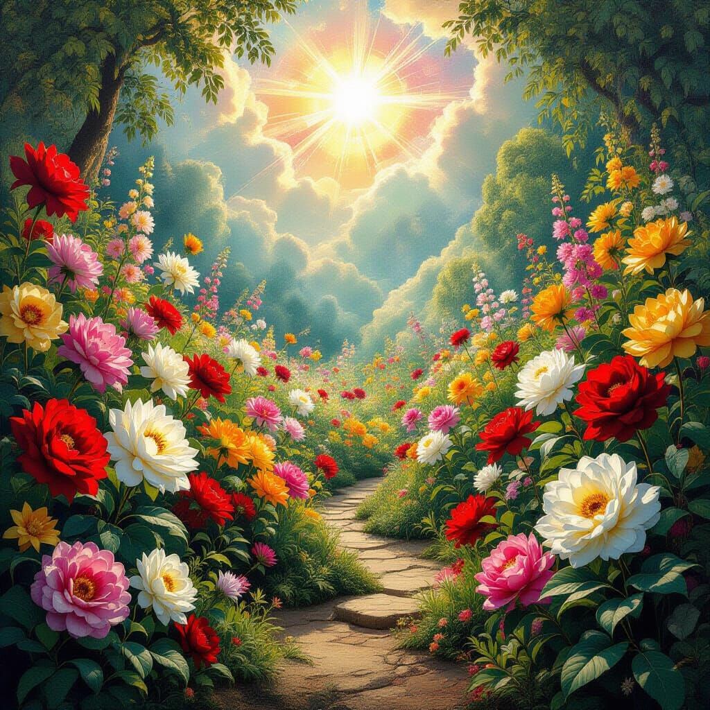 Cosmic Garden of Simultaneous Bloom in Surrealist Style