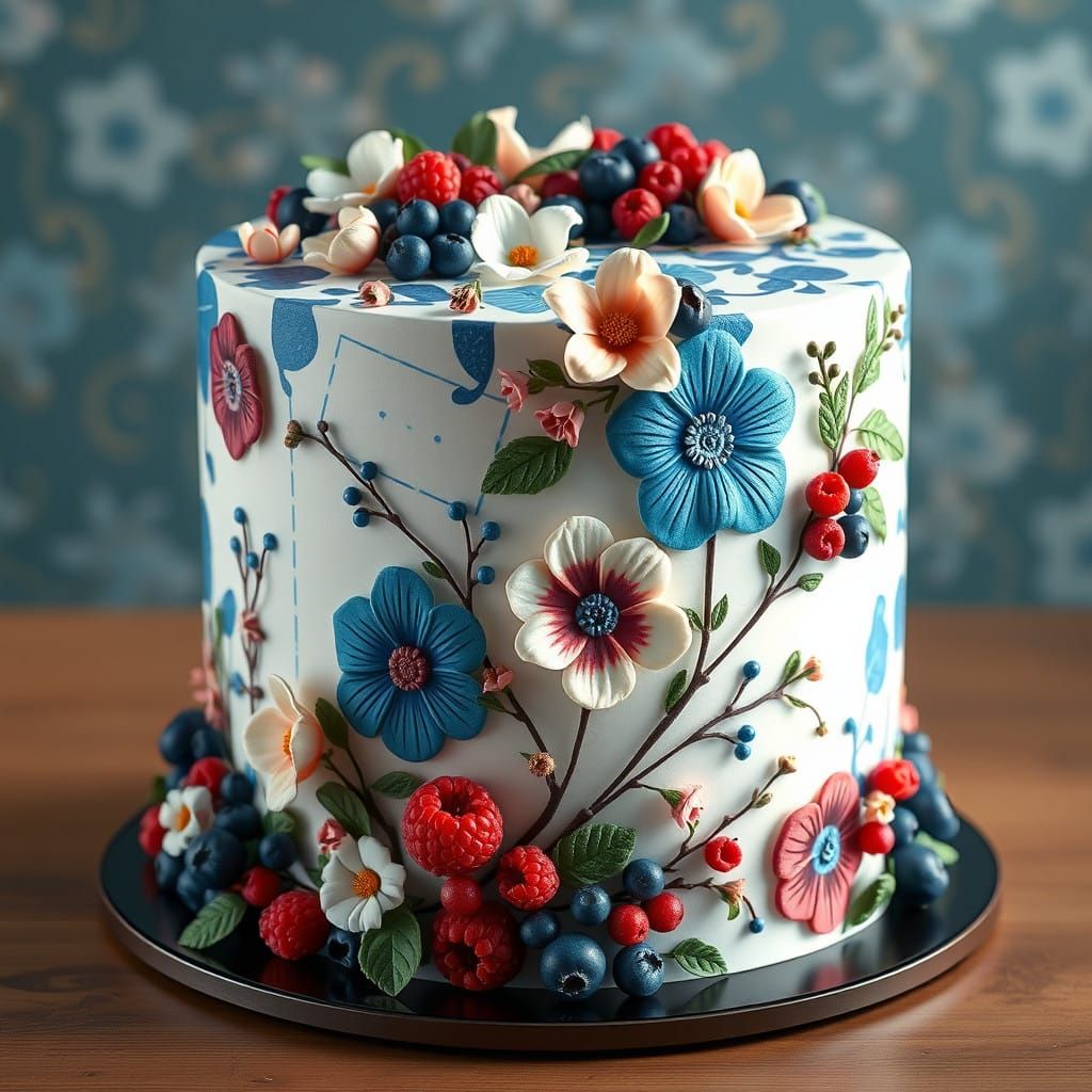 Majestic Finnish Folk Art Cake with Whimsical Wildflowers an...