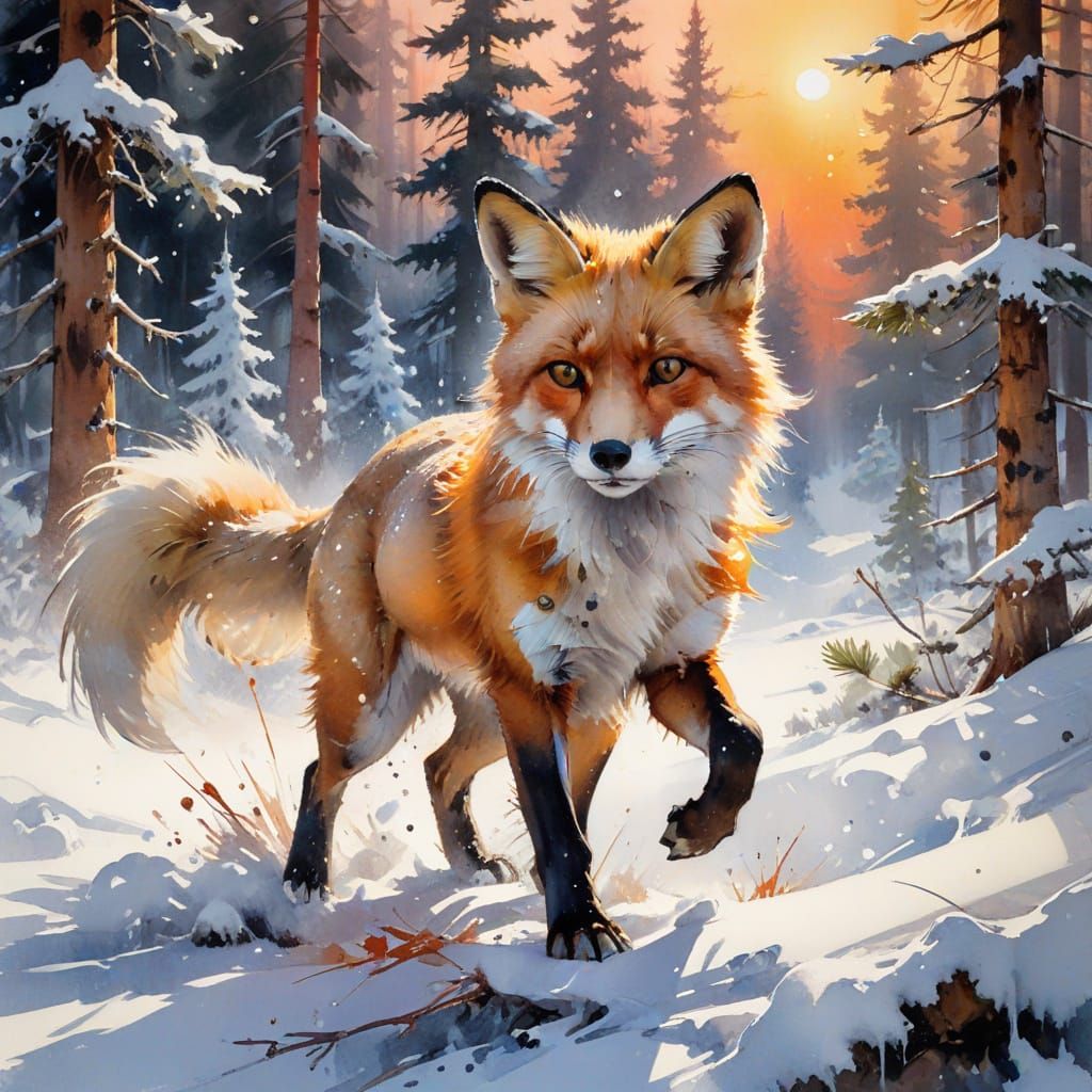 Playful Fox in Snowy Forest with Fiery Sunset