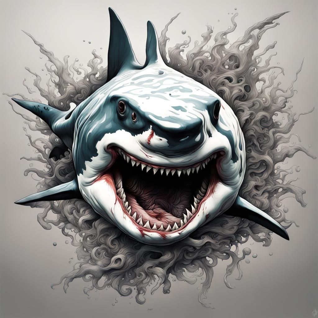 Detailed Shark in Black and White Inkblot Style