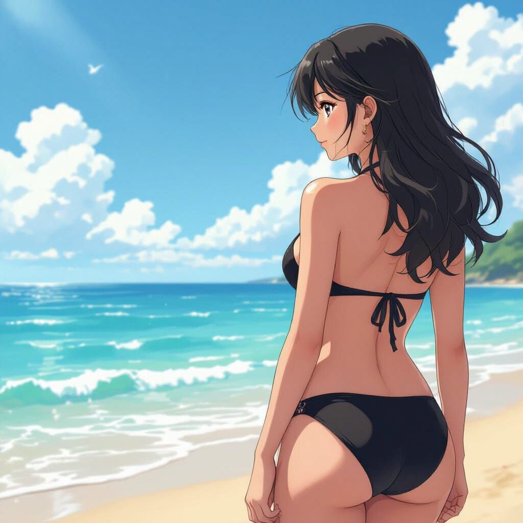 Anime Girl in Black Swimsuit on Sunny Beach