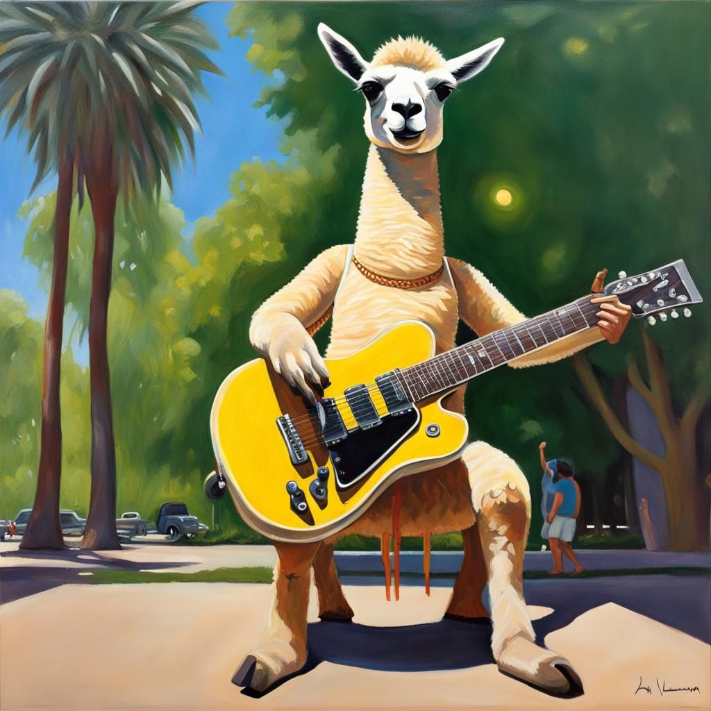 Lama Plays Guitar in Park: Detailed Matte Painting